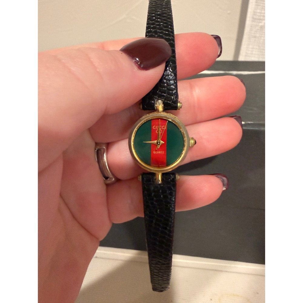 Gucci Sherry Line Watch Womens OS Black Gold Good Vintage Quartz Leather Stripe